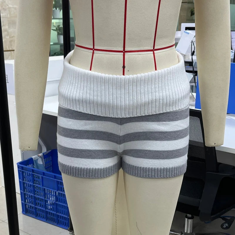 Women Striped Knitted Micro Shorts Folds Over Low Waist Elastic Waist Slim Fit Mini Bottom Pants Y2k Lounge Sweater Shorts