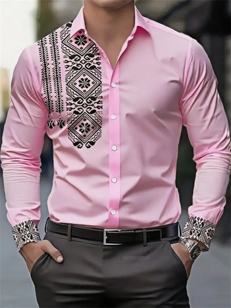 Men's shirt 3D printing retro ethnic style long-sleeved casual shirt high quality fashion lapel versatile top xs-6XL size