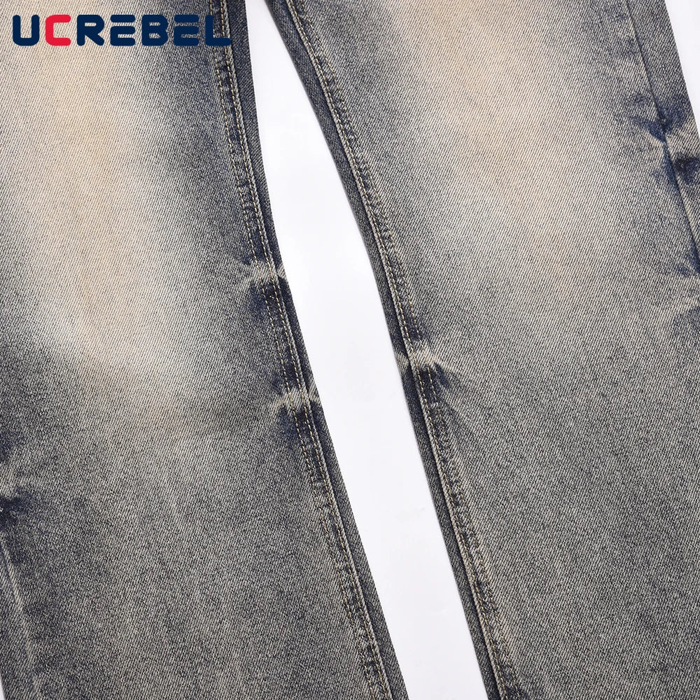 Washed Distressed Blue Denim Pants Mens Autumn Winter Casual Streetwear Straight-leg Jeans Men