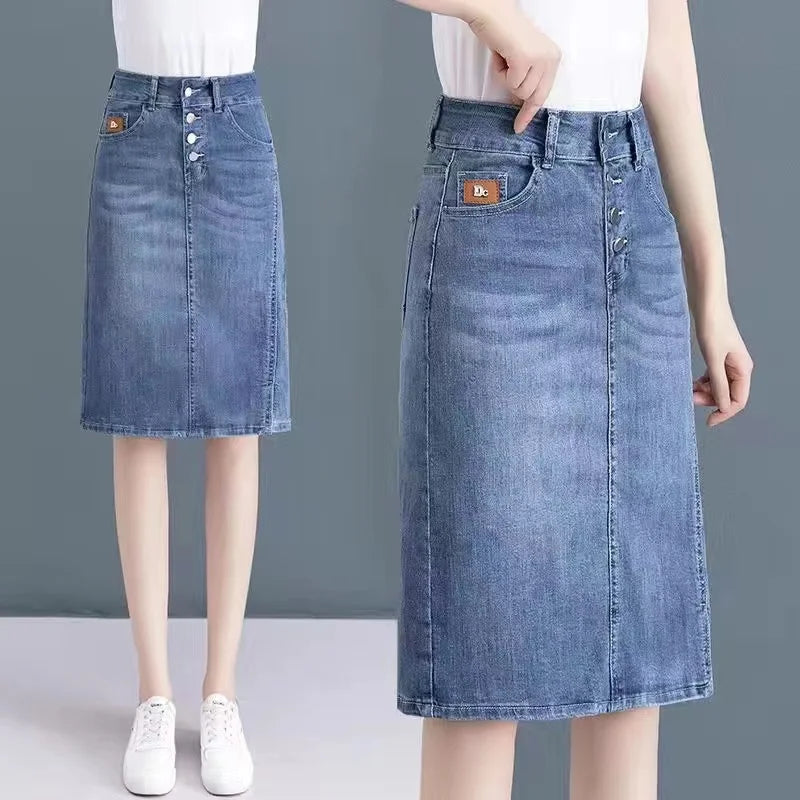 High Waist A-Line Midi Skirt for Women Spring 2023 Denim Split Long Dress Korean Style Commute Pure Color Long Skirt
