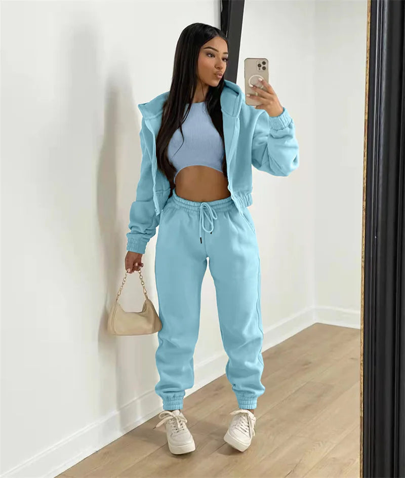 Active Wear 3 Piece Sets Womens Outfits Tracksuit Hooded Jacket Top + Vest + Sweatpants Sporty Suit Fitness Casual Matching Sets