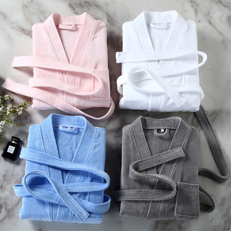 Women Towel Bathrobe 100%Cotton Long Thick Absorbent Terry Bath Robe Kimono Men LightWeight Waffle Solid Dressing Gown Sleepwear