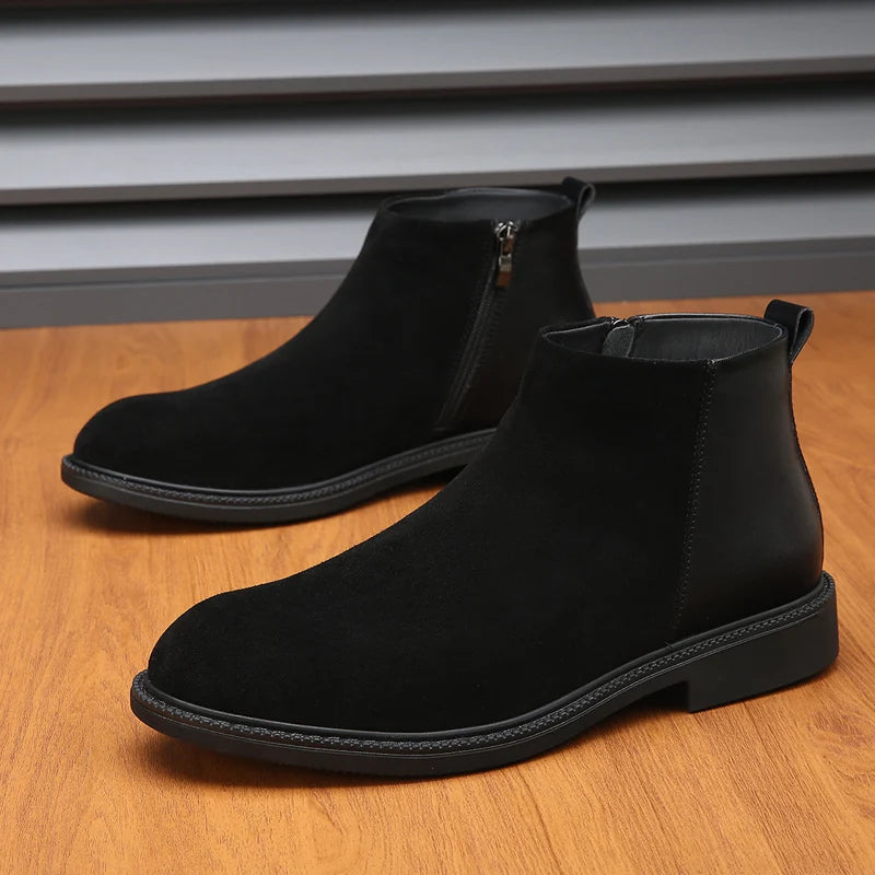Classic Black Leather Pointed Chelsea Mid Top Boots Leather Shoes Fashionable Suede Leather Men's Autumn Comfortable Short Boots
