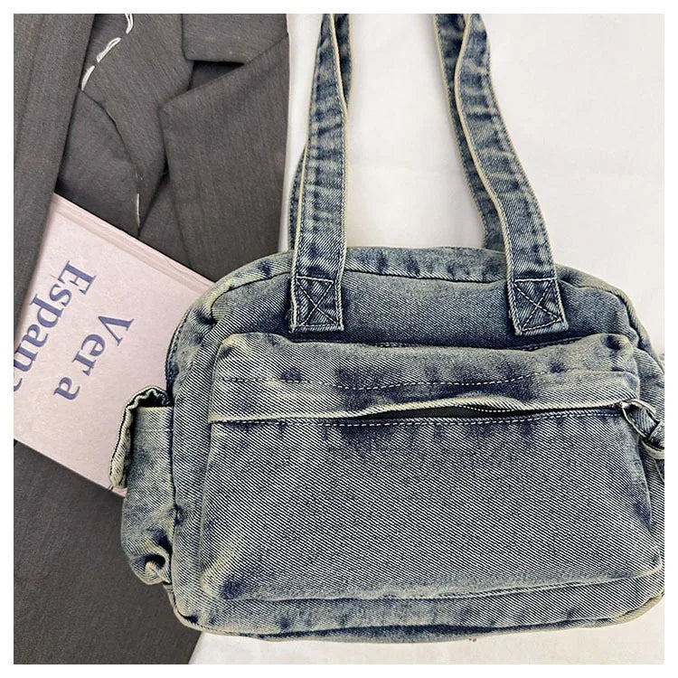 Trendy Vintage Denim Top Handle Bag Women Fashion Spring Shoulder Bag Casual Comfortable and Versatile Texture Storage Bag
