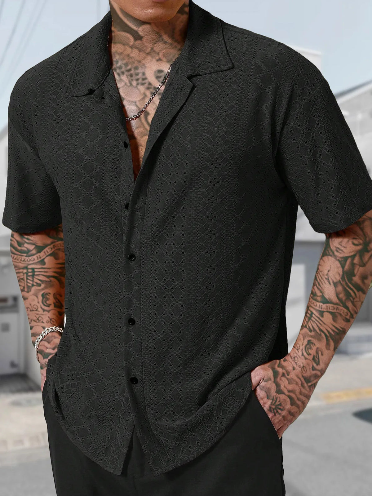 Men's Black Diamond Jacquard Short Sleeve Shirt Summer Smart Casual Loose Top
