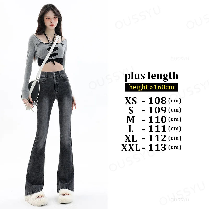 Women Jeans Cotton Denim Flared Pants Elastic Force Vintage Streetwear High Waist Slim Mom Harajuku Trousers Plus Length