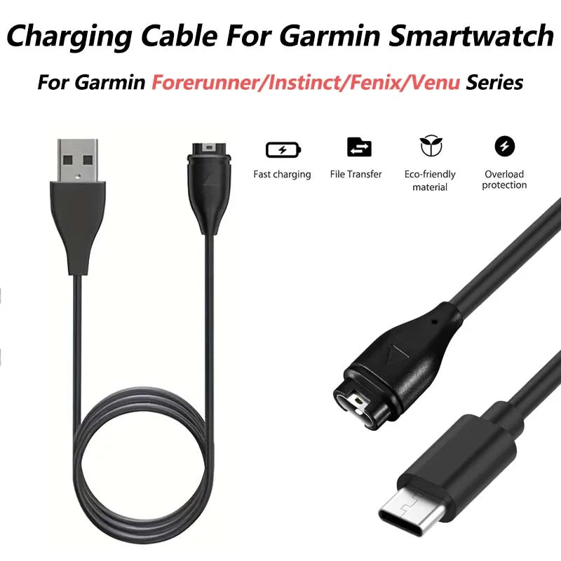 Type C USB Charging Cable For Garmin VenuX1 Quatix8 Charger Forerunner 970 165 255 Instinct3 3S 3X 2 Garmin Active6 Lily2 Active