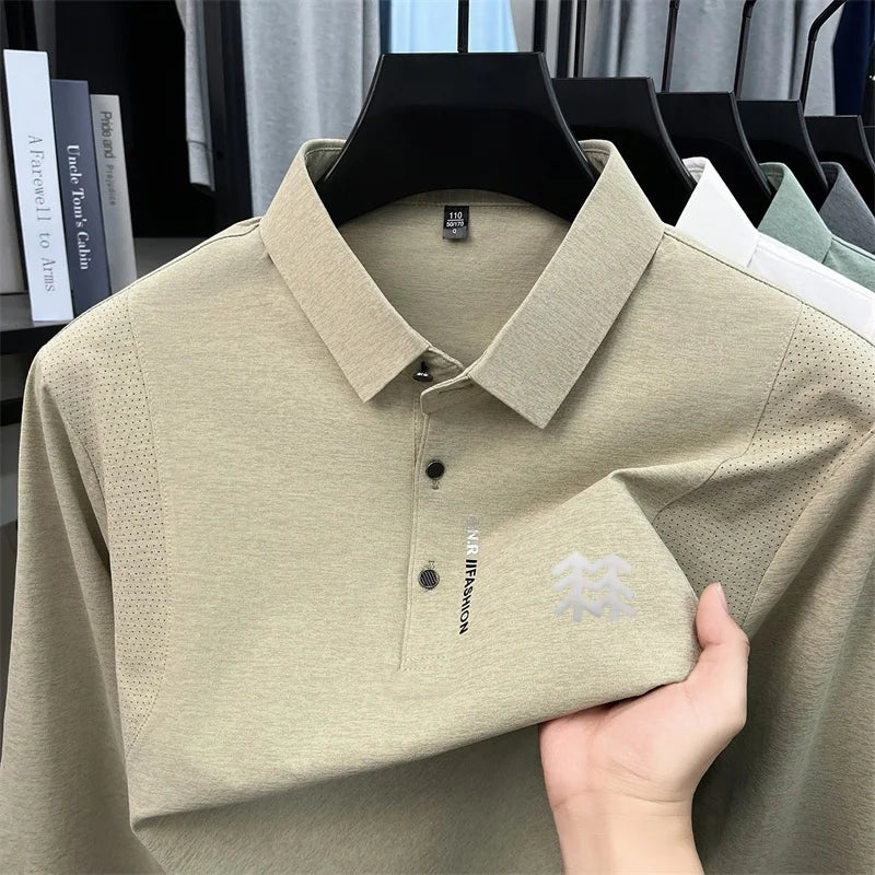 Men's Autumn Long Sleeved Polo Shirt Collar Offset Printing Breathable Mesh Design T-Shirt Sports and Casual Men's Clothing Top