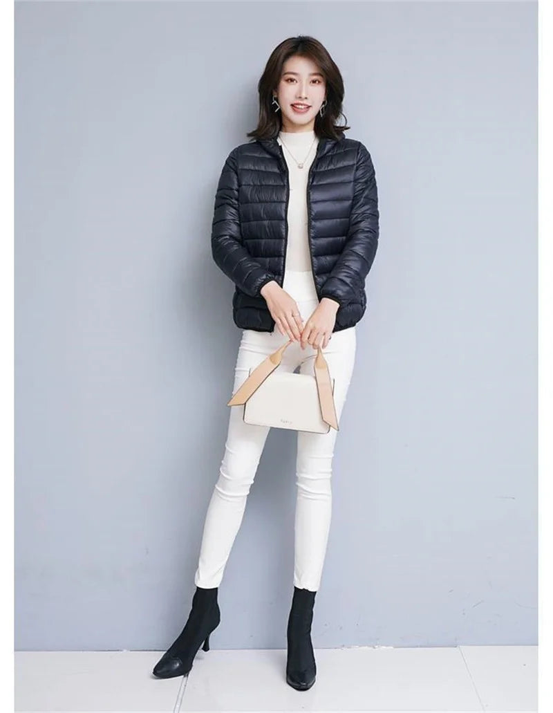 Down Jacket Women's Short Autumn Winter New Parkas Stand-UP Collar Hooded Warm Cotton Padded Coat Large Size Outcoat Ladies Tops