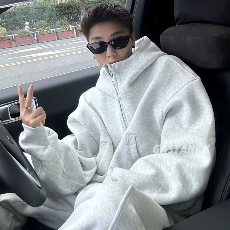 Casual Sports Suit Men's Velvet Thickened Loose Hooded Jacket Sweatshirt Sweatpants Two-piece Set