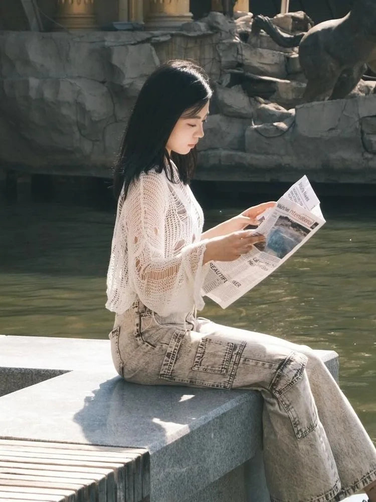 Sexy White Slash Neck Grunge Knitted Women's Sweater Hole Ripped Pullover Crop Top Harajuku Hollow Out Fashion Summer Jumpers