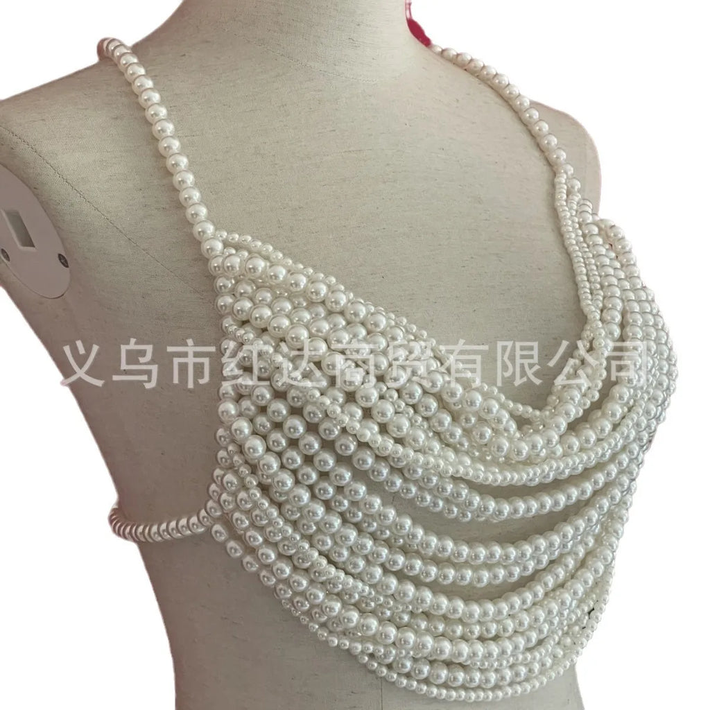 Pure Handmade Multi-Storey High Quality Pearls Camisole Tops Vest Sexy Chest Chain Decorate Hanging Neck Necklace Luxury Brand