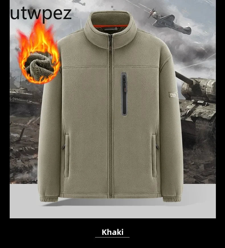 Outdoor High Collar Windproof Ski Sweatshirt Coat Man Snow Winter Warm Fleece Jacket Men Climbing Double Thickened Pocket Jacket