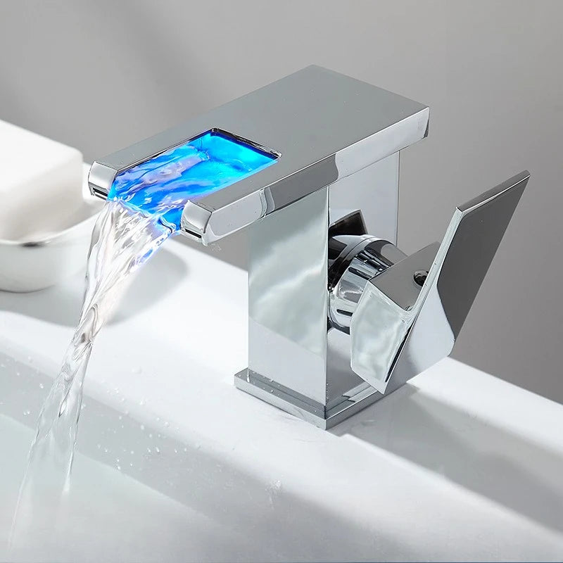 Black Bathroom Sink Faucet Single Hole Cold and Hot Water Mixing Valve Faucet 3 Colors Changing Color Changing Waterfall Faucet