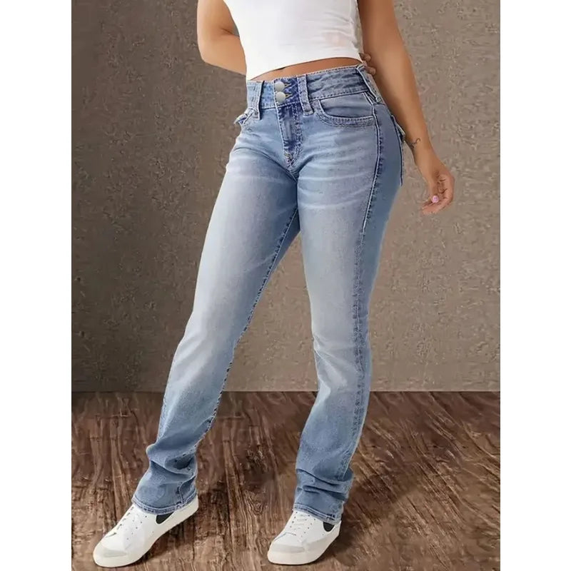 Womens Jeans Y2k Jeans Blue Denim Pants Straight Leg Stretch Fabric Slim Fit High Waist Retro Style Casual Wear