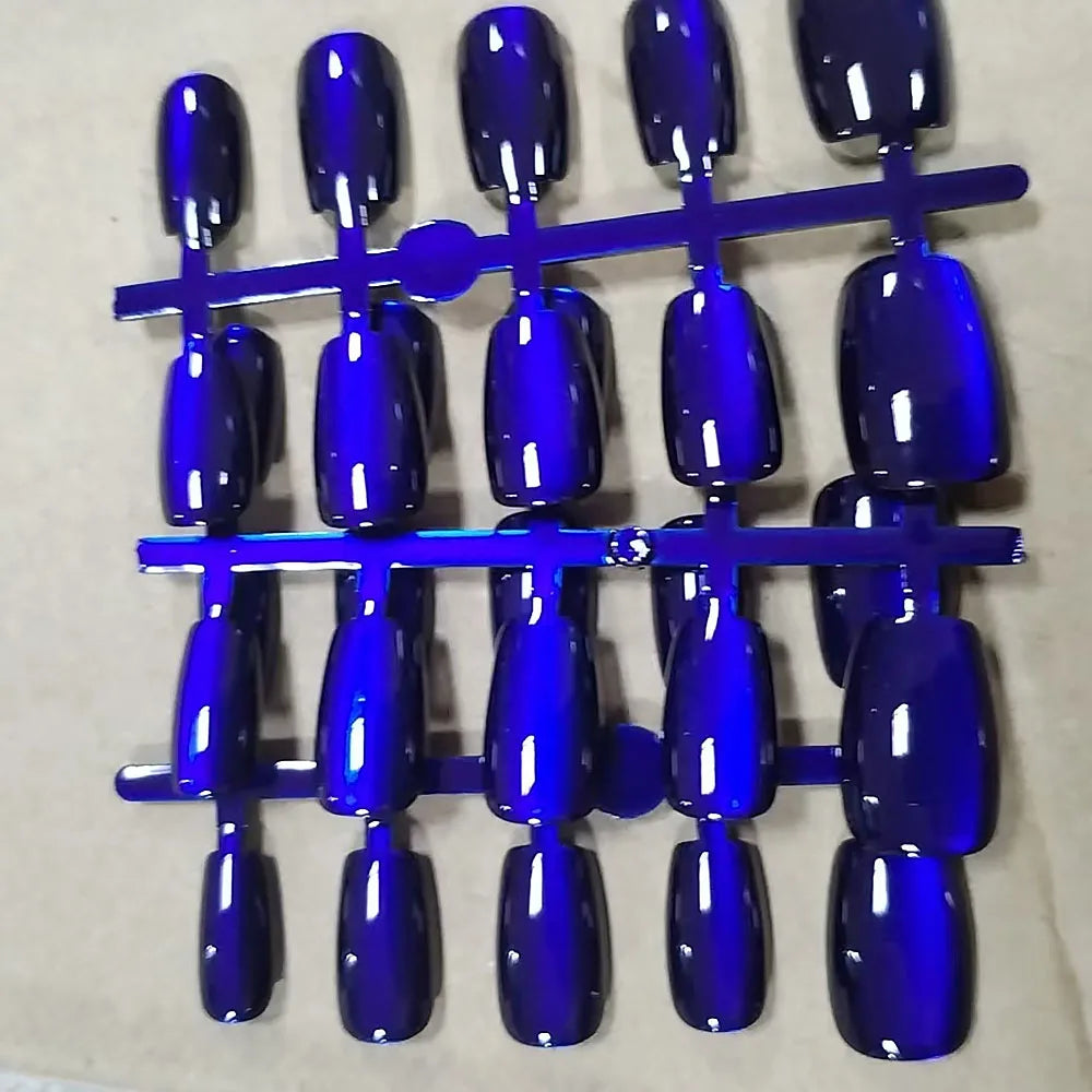 30pcs Deep Blue Cat Eye Gel Fake Nails XS/S/M Full Cover Square Short Shape Design False Nails Autumn Winter Blue Press On Nails