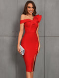 One Shoulder Ruffle Split Thigh Bodycon Midi Elegant Bandage Dress For Coaktail Party
