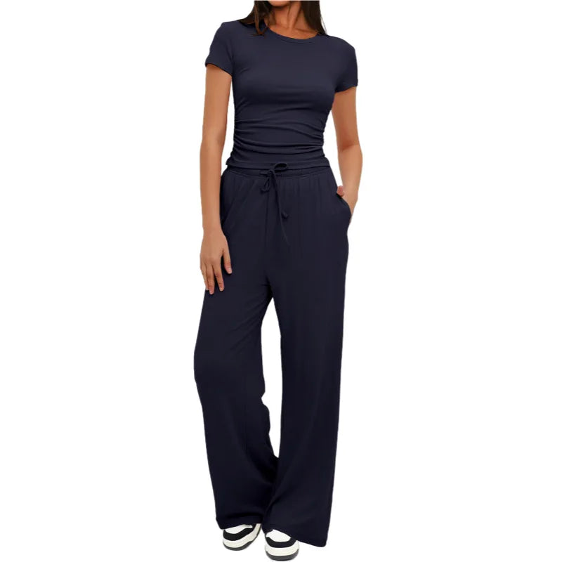 Women's Summer Solid Loose Casual Tracksuit Two Piece Set O Neck Short Sleeve T Shirt Wide Leg Pants Sportswear