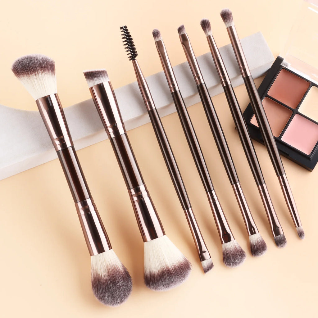 7 double-ended makeup brushes, loose powder brush, foundation brush, eyeshadow brush, eyebrow brush, soft hair beauty tool.