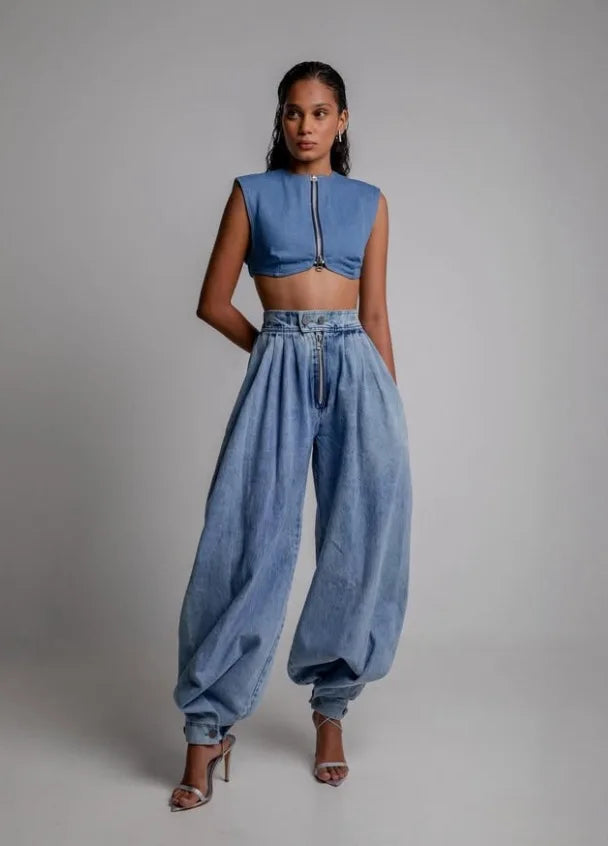 Women Spring High Waist Zipper Denim Loose Harem Trousers Jeans Female Vintage Balloon Pants Ladies Casual Denim Pants