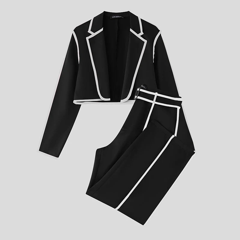 INCERUN Men Sets Patchwork Autumn 2025 Lapel Long Sleeve Crop Blazer & Pants Two Pieces Sets Streetwear Loose Fashion Men Suits