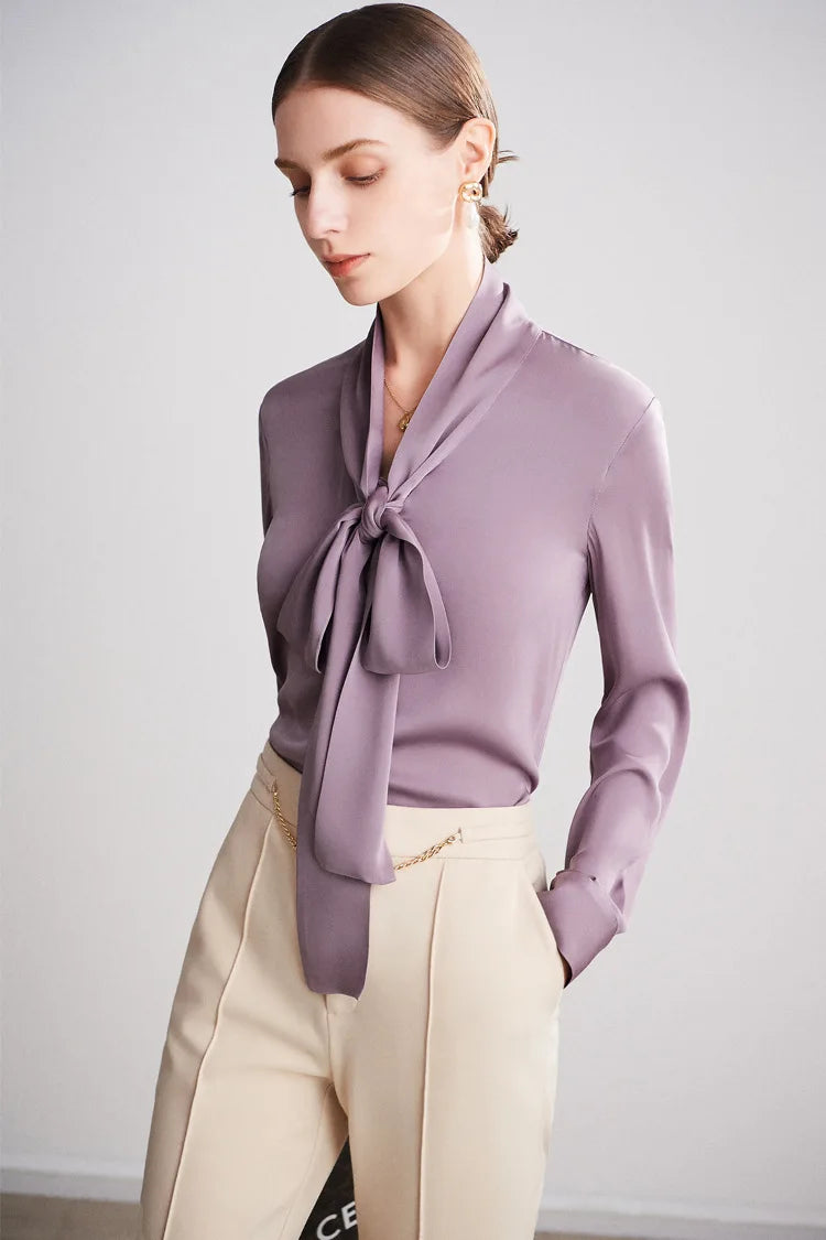 Spring Summer Silk Ribbon Blouse 90% Mulberry Silk Lace Up Long-sleeve Elegant Tops