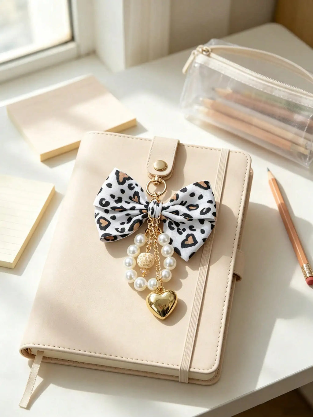 Leopard Print Bow Keychain Heart Pendant Women's Bag Simple Charm Pearl Keychain Beaded Charm Gift For Women