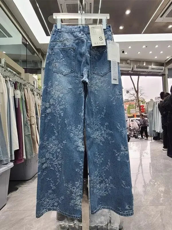 Korean Niche Jacquard Wide-leg Jeans Women Summer Trousers New Design Sense High-waist Casual Straight-leg Floor-length Pants