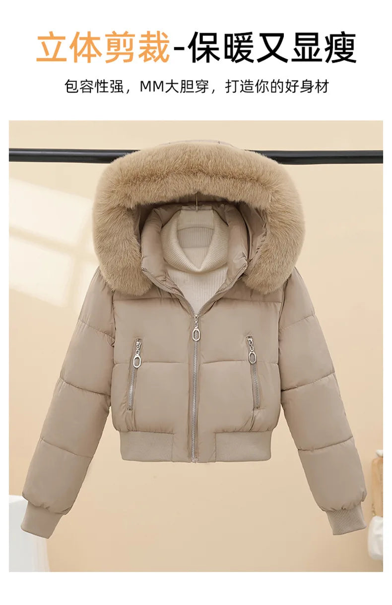 New Women's Big Fur Collar Down Cotton Jacket Winter Short Thermal Padded Jacket Female Removable Hooded Parker Cotton Clothes