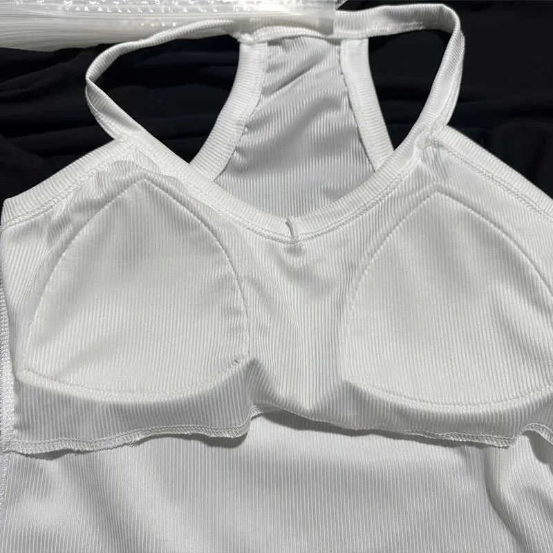 Women Sexy V Neck Sling Camisole Solid Color Halter Tank Top With Built-in Padded Bra Breathable Outer Wear Inner Daily Casual