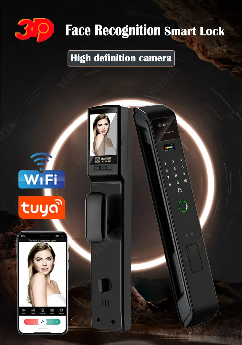 Tuya Or Wishome Wifi APP Camera Digital Electronic Door Lock Face Fingerprint Recognition Card Key Safe Smart Inteligente Lock