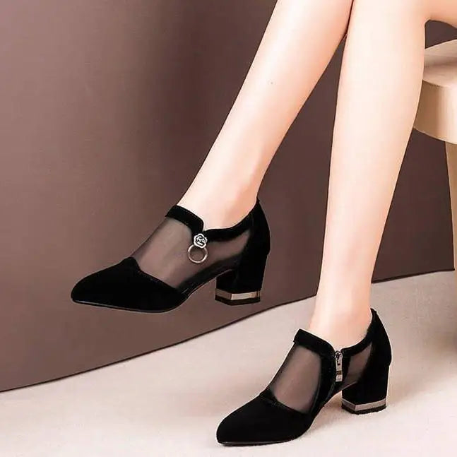 Summer Women High Heel Shoes Mesh Breathable Pumps Zip Pointed Toe Thick Heels Fashion Female Dress Shoe Autumn Elegant Footwear
