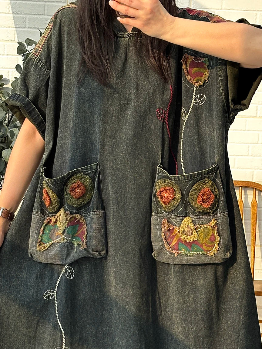 Travel Ethnic Style Artistic Embroidered Hooded Short-Sleeve Denim Dress Women Large Pockets Loose Dress LX5249