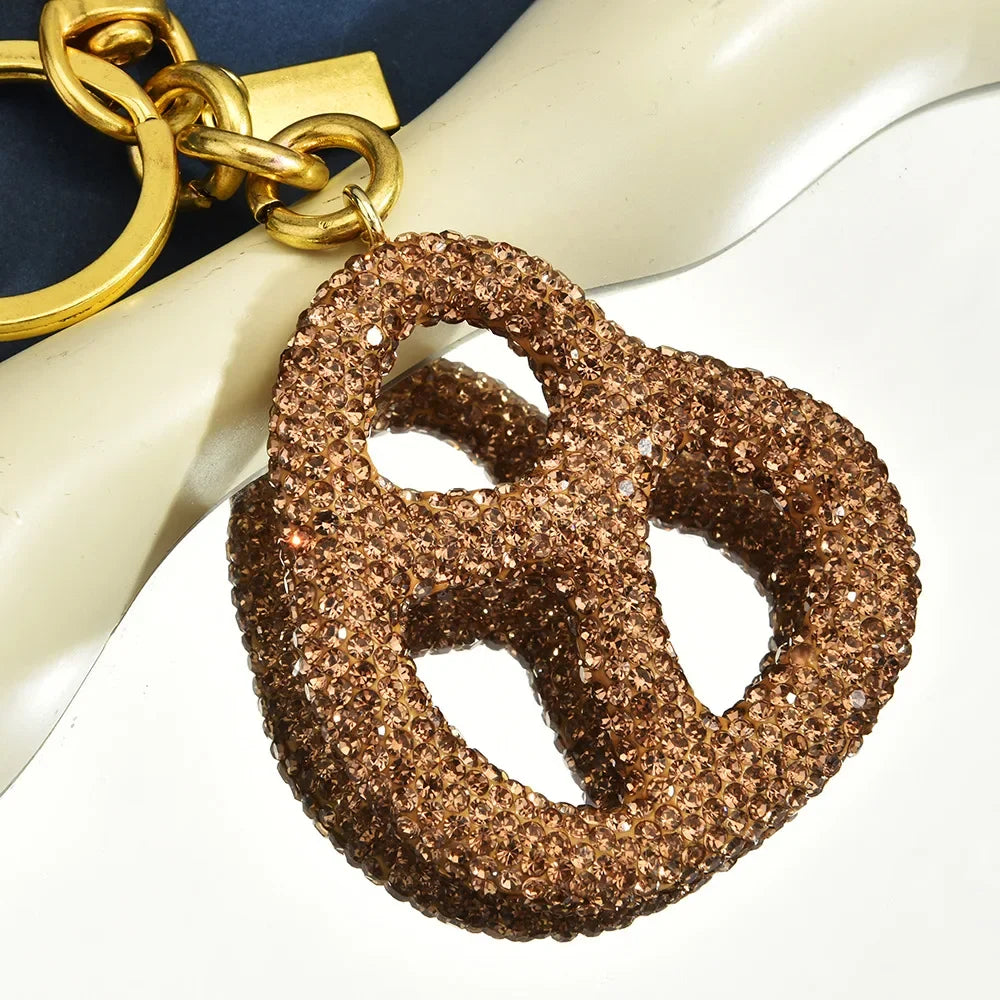 Rhinestone Pretzel Bag Charm Keychain Crystal Gold Hardware Sparkly Purse Pendant Accessory Cute Funny Foodie Gifts For Friends