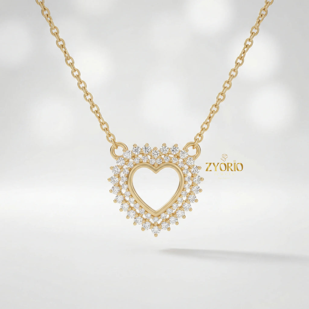Gold Plated Halo Heart Diamond Pendant with Link Chain-Luxury Engagement Wedding Party Anniversary Jewelry