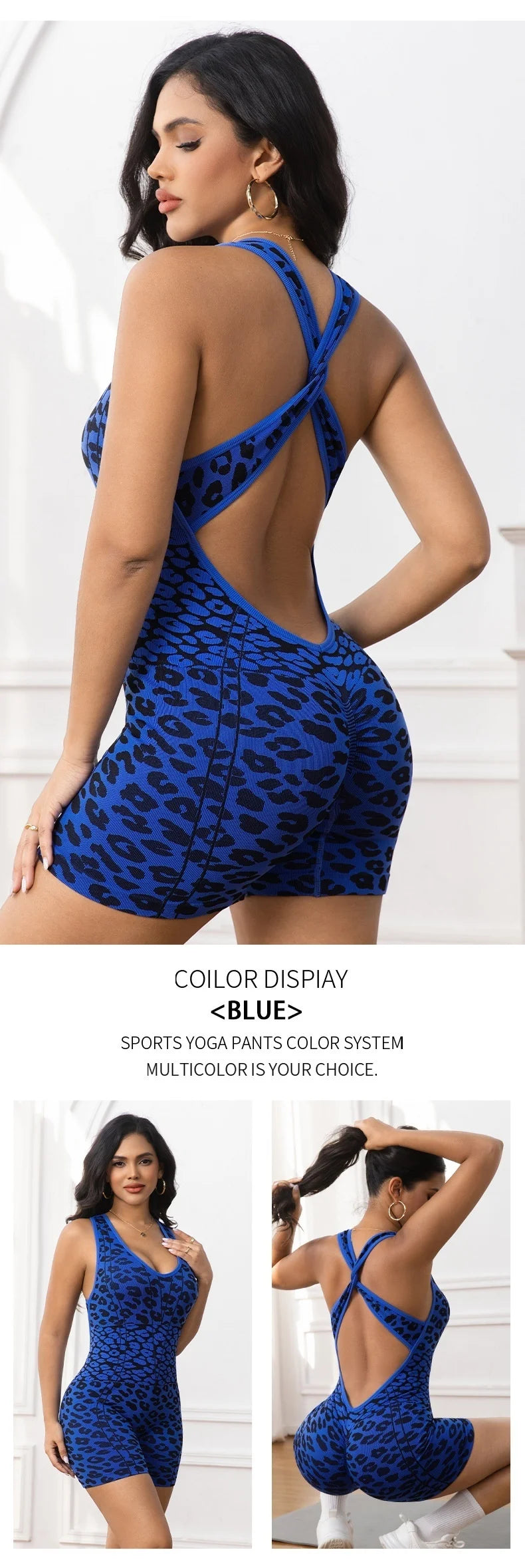 Women Seamless Leopard Print Yoga Jumpsuit Crisscross Back High Stretch Hip Lift Tummy Control Breathable Workout Romper Shorts