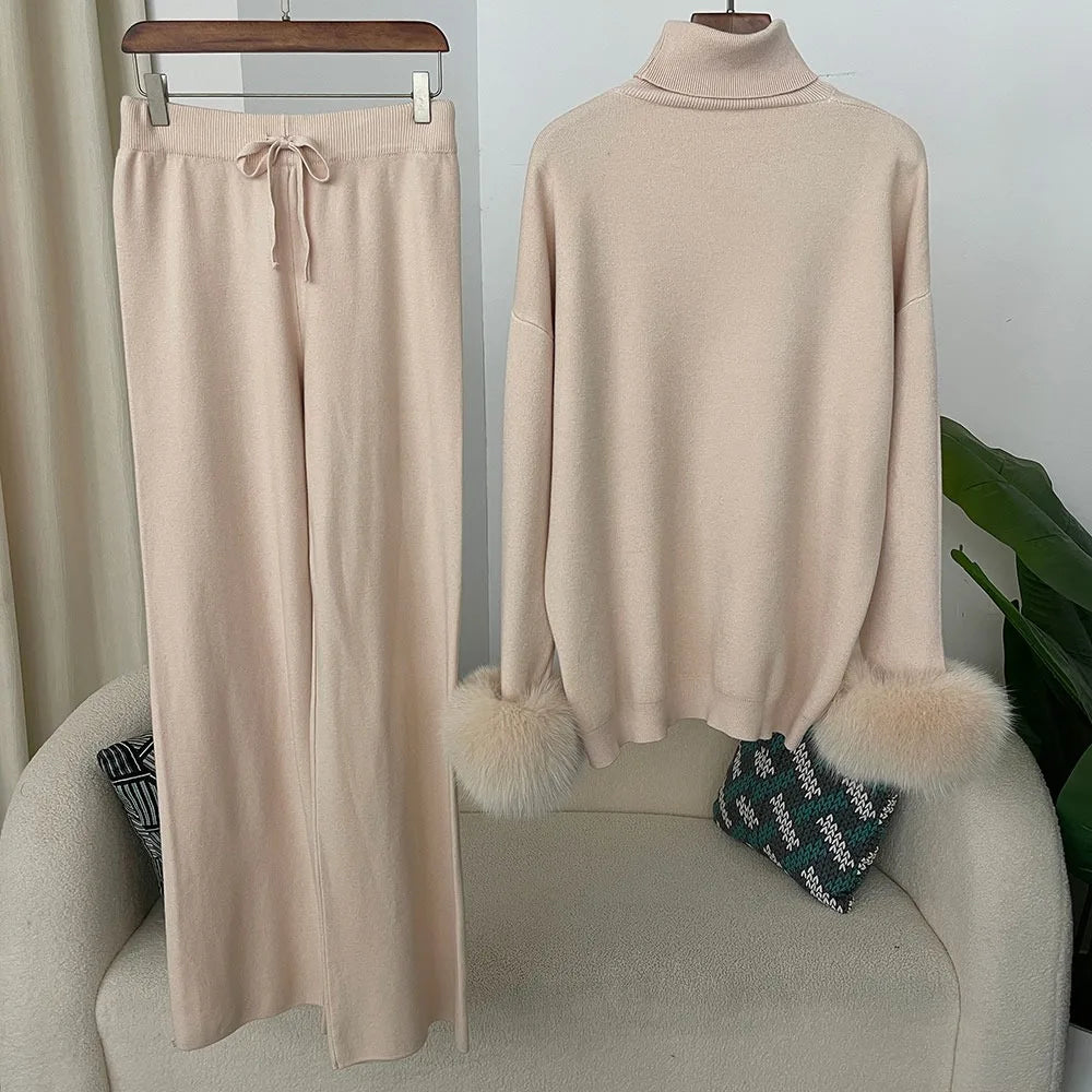 2024 New Fashion Autumn Winter Natural Real Fox Fur Cuffs Coat Knitted Sweater Women Long Pants Set Jacket Thick Warm
