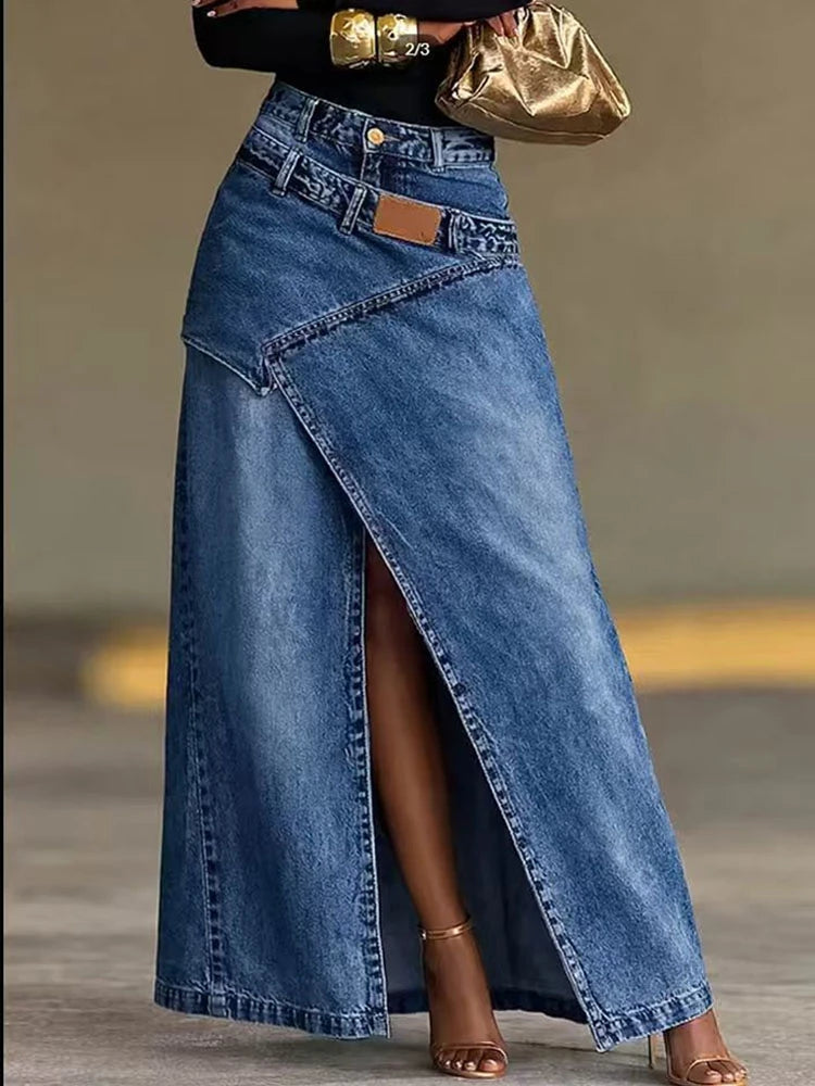 2026 New Irregular Split Denim Skirt Women Fashion Loose Double Waist Stitch Design A-Line Long Skirt Casual Street Jean Skirts