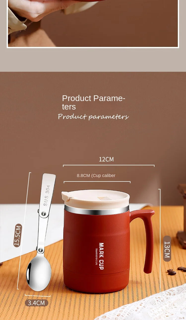 304 Stainless Steel Mug with Lid and Spoon Office Water Cup  High Aesthetic Coffee Cup, Breakfast Cup Water Bottles