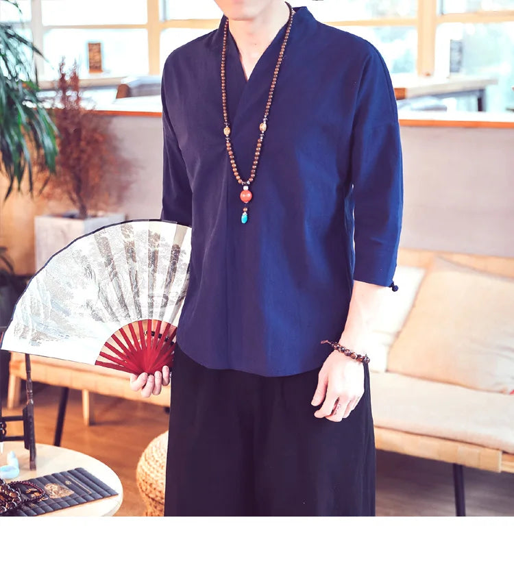 Summer Kimono Japanese Style Short Sleeve Men New Half-sleeved Cotton Linen Breathable Men Clothing T-shirt Japanese Yukata Tops