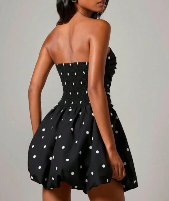 Polka Dot Print Tube Top Dress Summer Women's New Casual Loose Sexy Sleeveless Short Puffy Dress Vestidos De Fiesta Elegantes