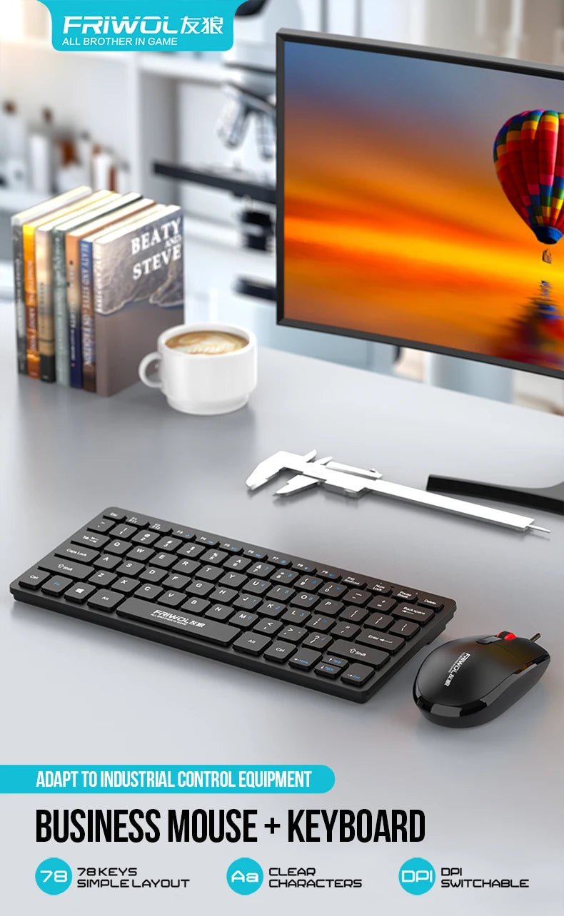 FRIWOL KT-100 Wired  Keyboard Mouse Set 78 Key Mini Portable Keyboard USB Desktop Laptop Office Home Light voice