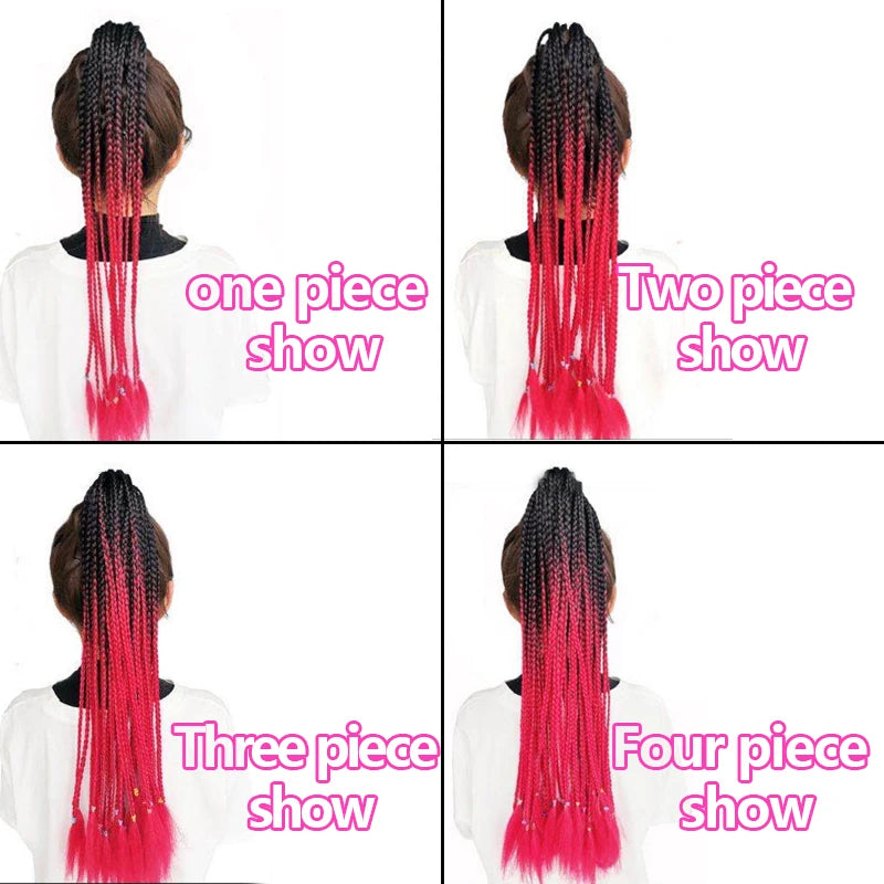 24Inch Synthetic Rainbow Braided Hairpieces Elastic Rubber Band Long Box Braid Ponytail Hair Extension for Women