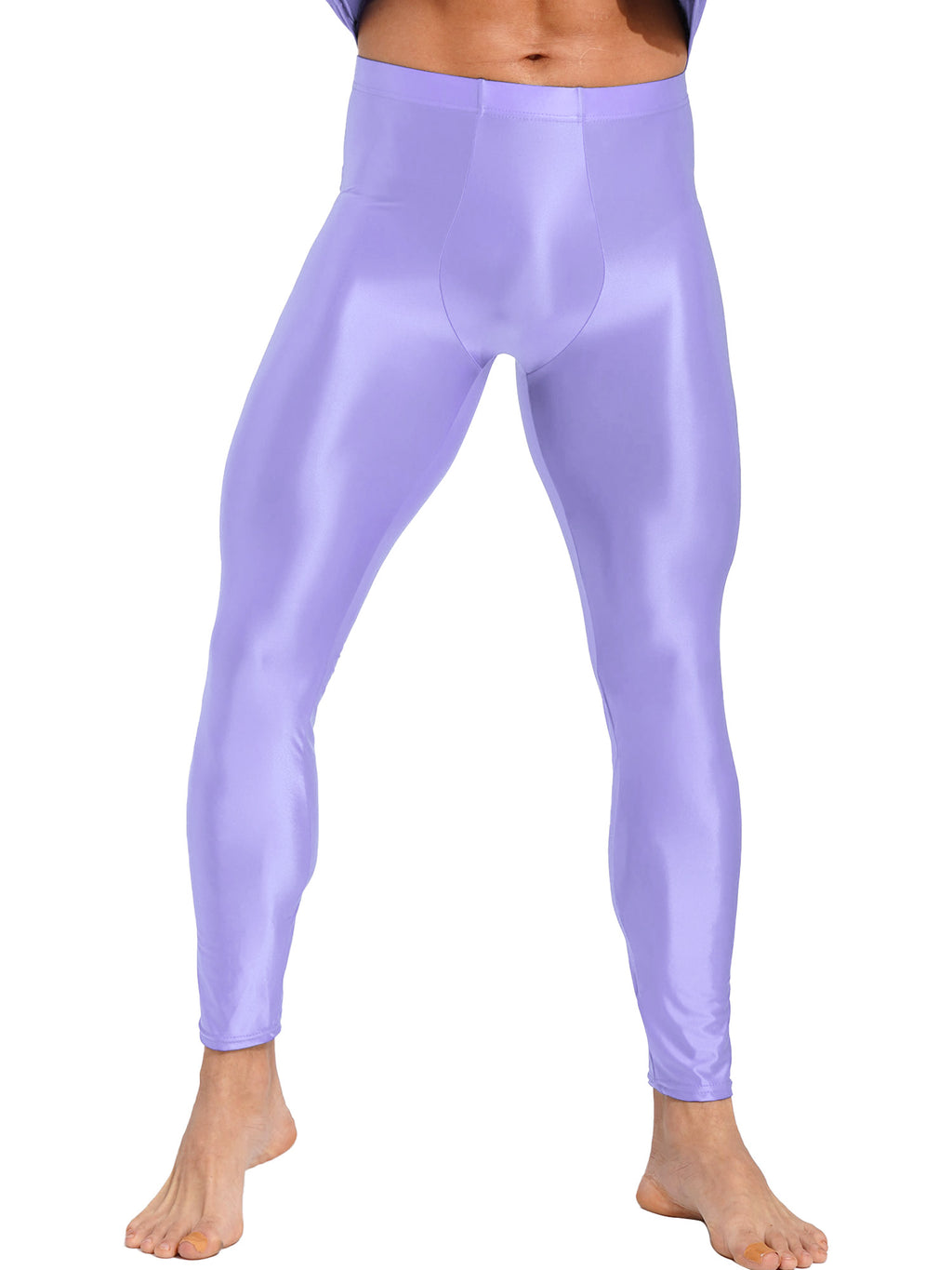 Men Elastic Waistband Skinny Shiny Yoga Tights Pants Solid Color Leggings Exercise Running Gym Fitness Training Sportswear