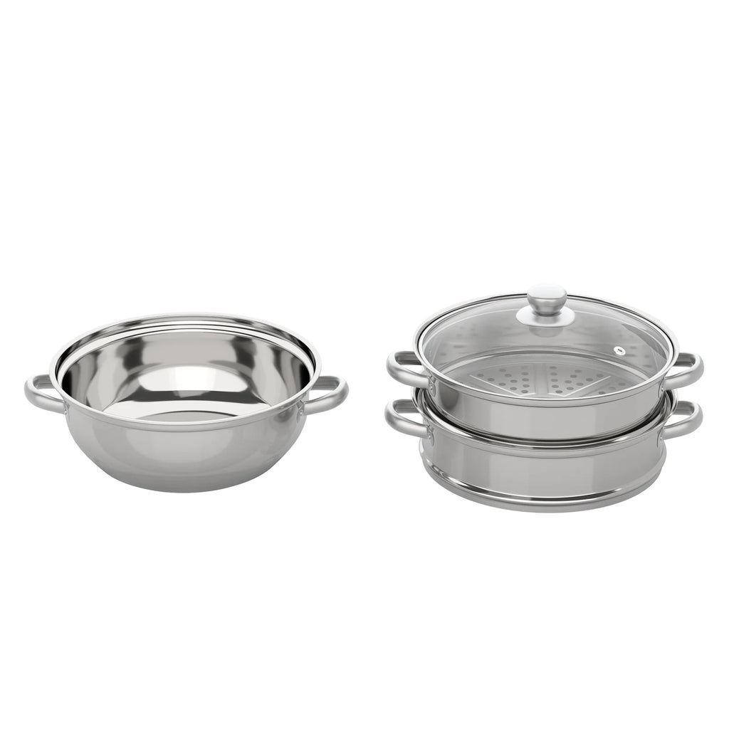 3 Tiers Stainless Steel Steamer 28cm Overlapping Steaming Pot Cookware Kitchen Soup Steamer Cooker Set Silver with Glass Lid