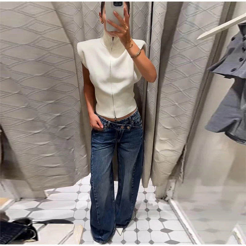 Women's Double Zipper Knit Vest Stand Collar Shoulder Pad Sleeveless Slim Cropped Sweater 2026 Autumn All-match Casual Outfits