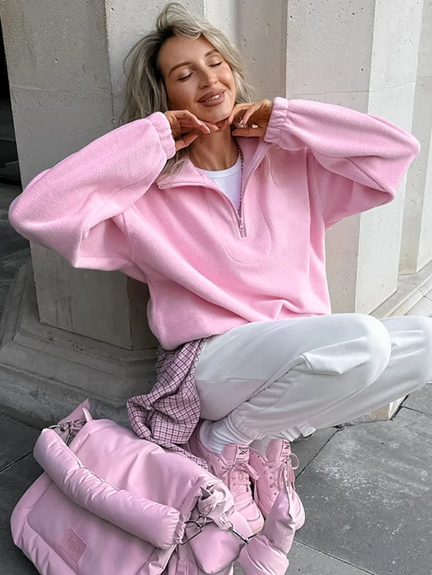 Women Autumn Winter Fleece Hoodies Elegant Stand Collar Zipper Loose Sweatshirt Elegant Solid Pullover Casual Top Streetwear