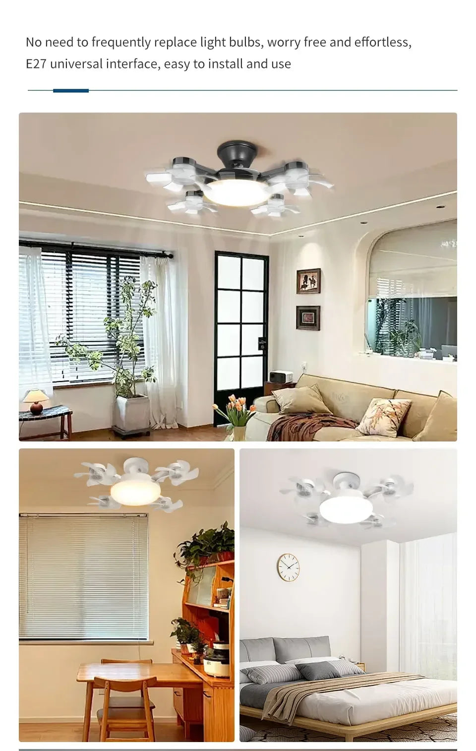 E27 Fan Light 2-in-1 60W  Drone Design Ceiling Fan Light with Remote Control AC85-265V Fan Lighting Bulb for Home Restaurant