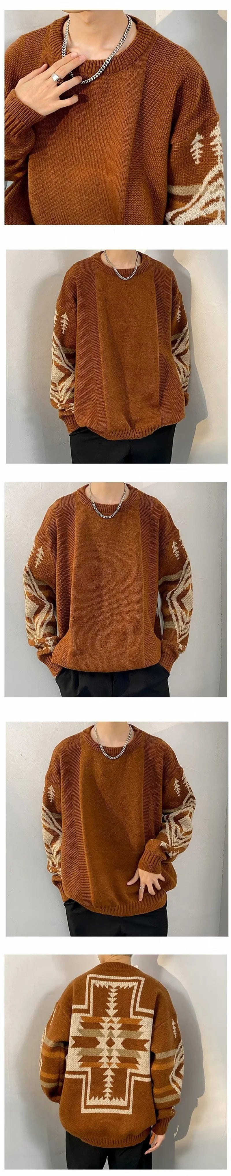 Autumn Men's Ethnic Style O-Neck Knitted Sweaters Y2K Vintage Streetwear Knitwear 2025 New Casual Pattern Printed pull homme