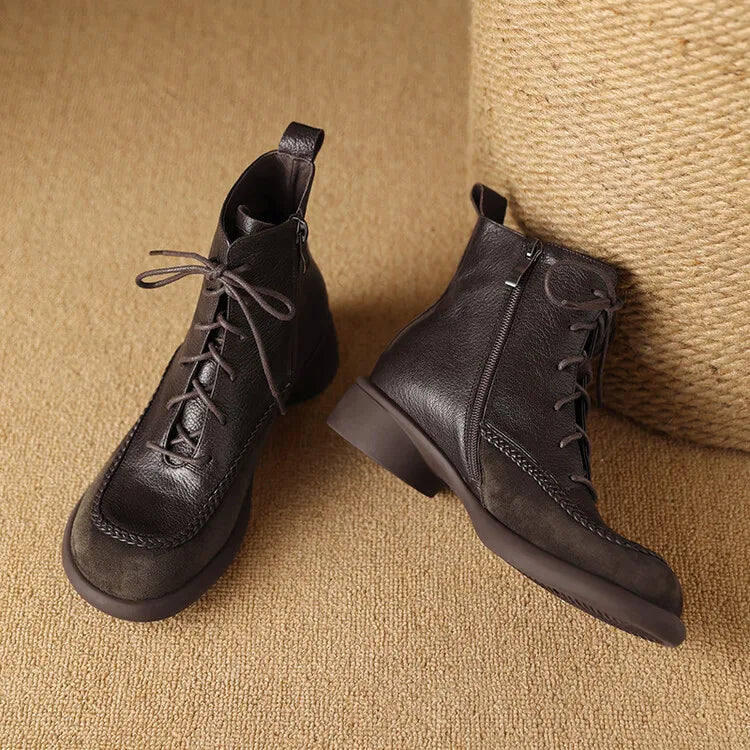 New Autumn Winter Genuine Leather Women Boots Fashion Lace Ankle Boot for Women Short Boots Shoes Chunky Heel Botines Mujer